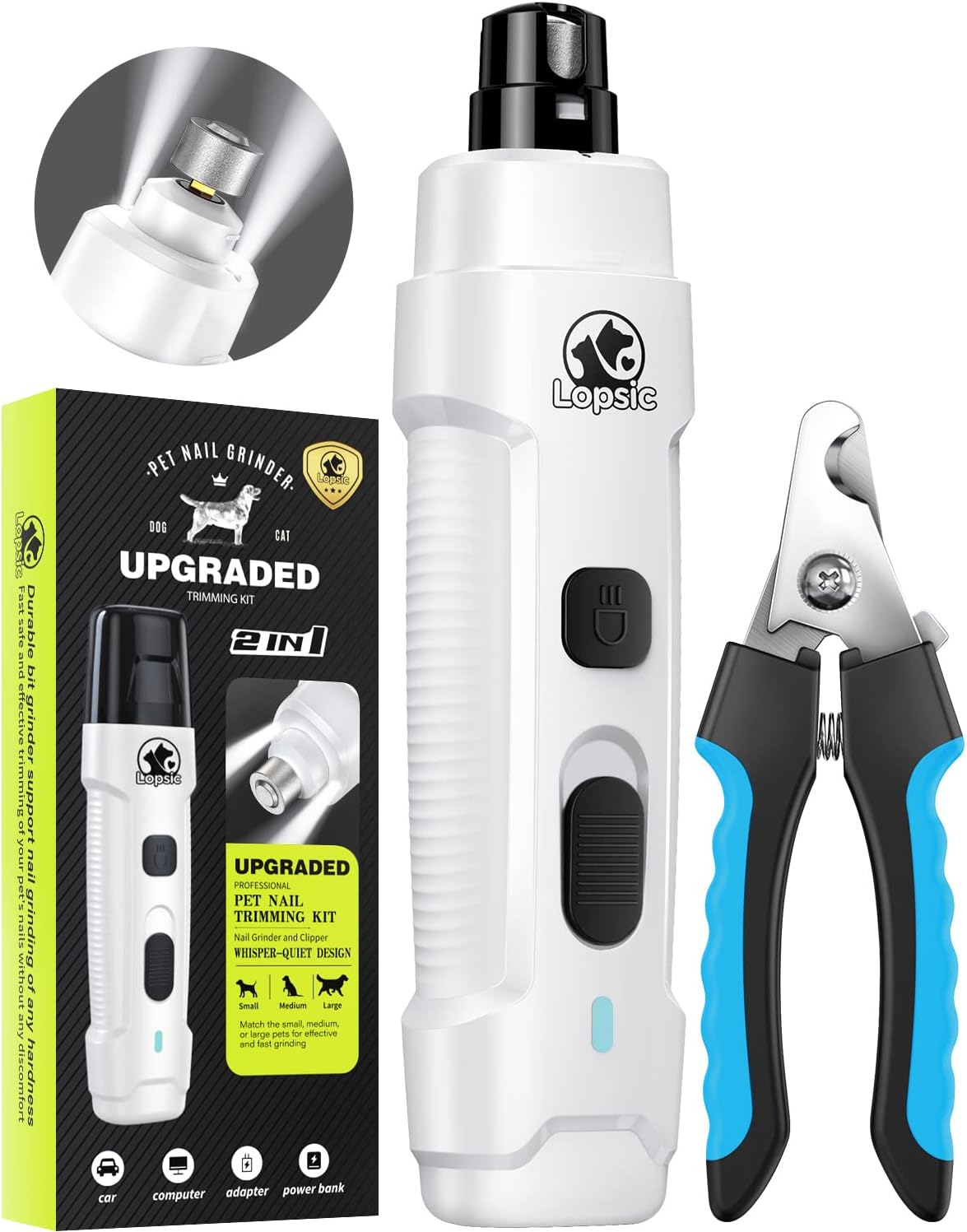 LOPSIC Dog Nail Grinder with 2 LED Lights, 2Speed Powerful