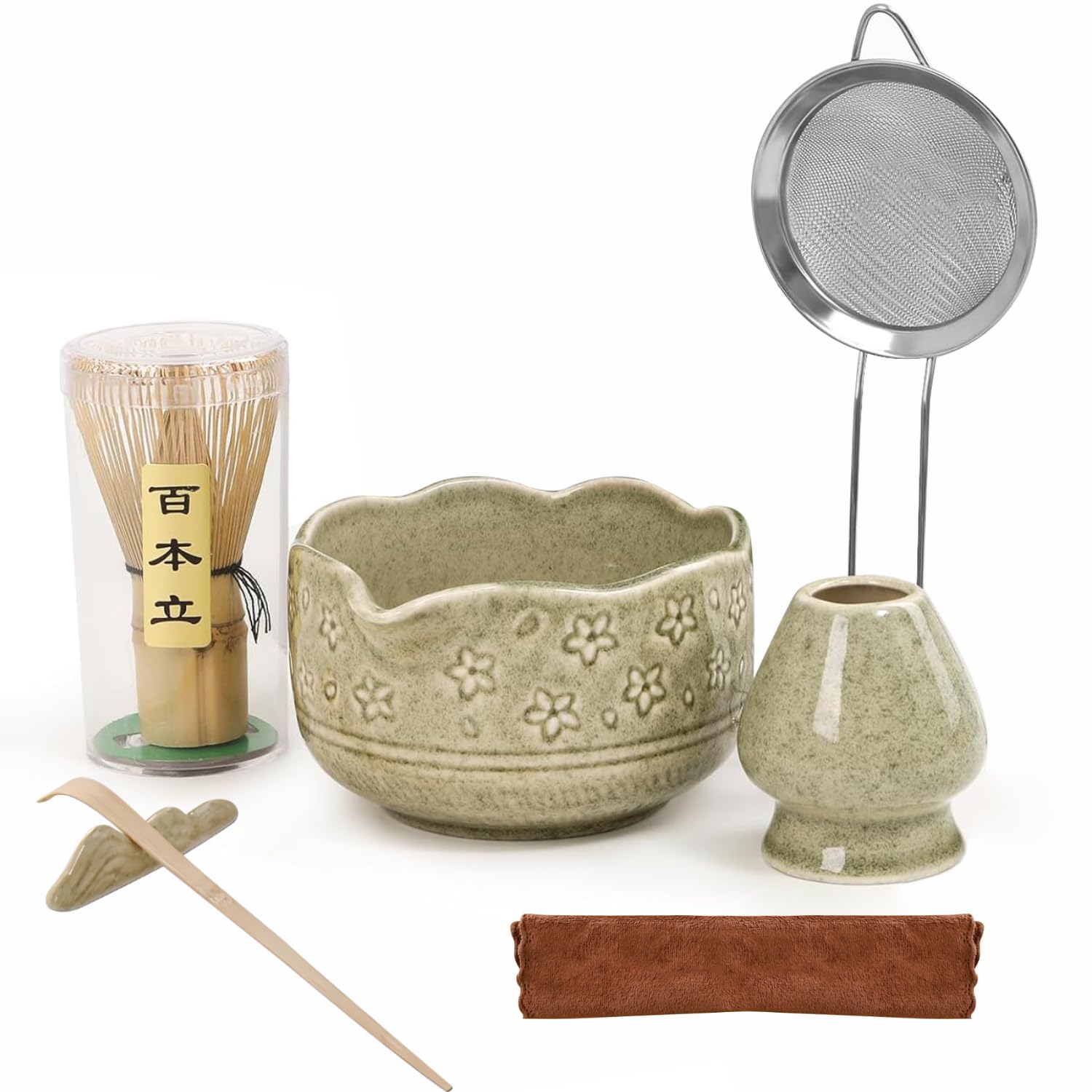 Lot de 6 bols à matcha japonais avec bec verseur, balai à matcha, passoire, cuillère, porte-balai, ensemble à thé élégant pour débutants et amateurs de matcha