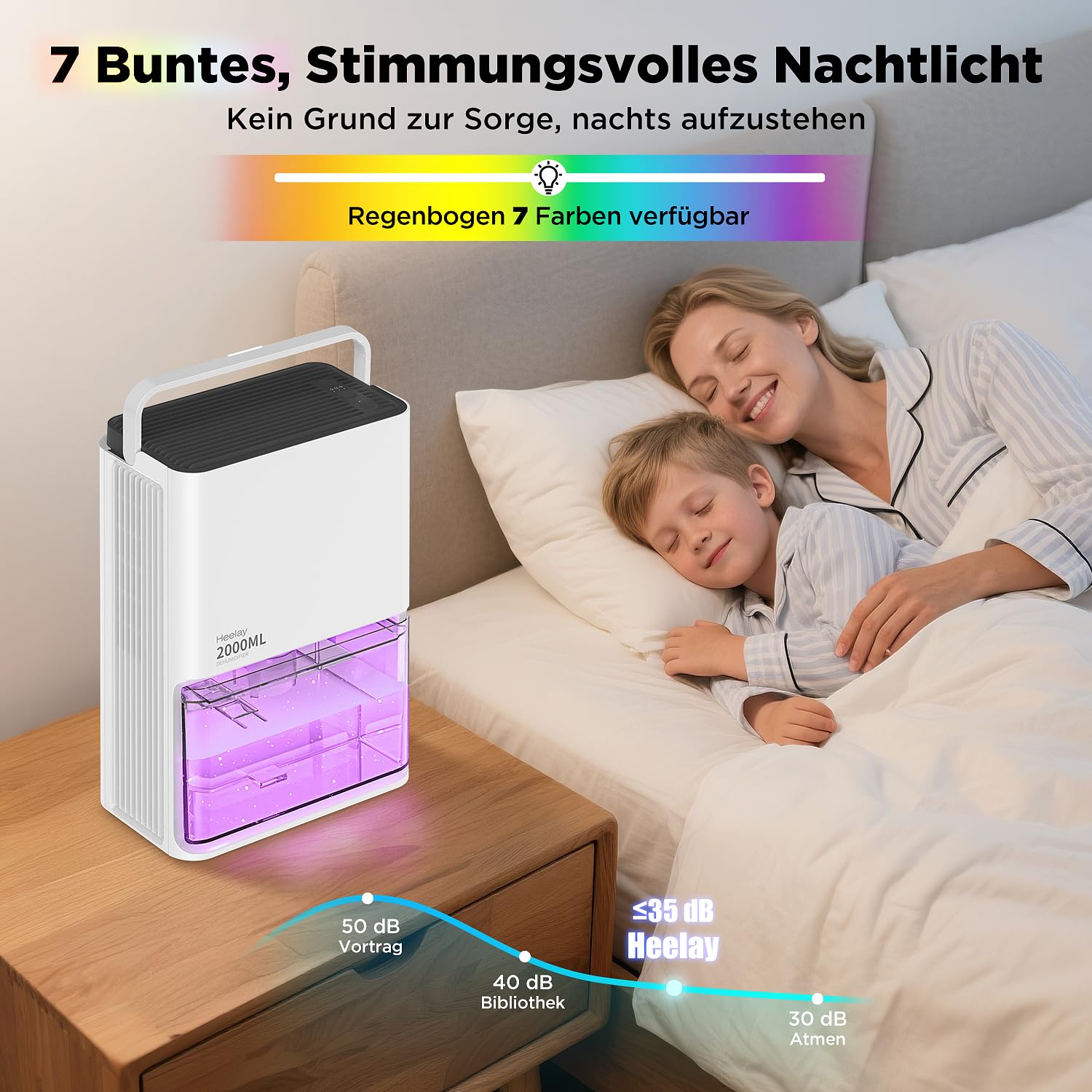 Elektryczny osuszacz powietrza, 2000 ml cichy osuszacz pokojowy, energooszczędny, automatyczne wyłączanie, 7-kolorowe światło, ochrona przed wilgocią i pleśnią, do sypialni, łazienki, domu