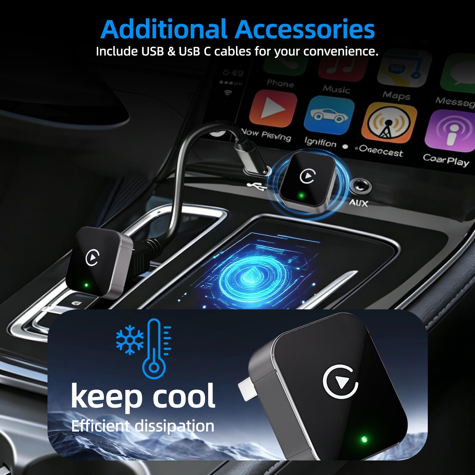 OVVOFPP Adaptateur CarPlay sans Fil Nouvelle édition 2026,2-in-1 Interface Type-C/USB,Connexion Rapide Stable,Compatible avec iOS 12+/Android 11+ et Les Véhicules Fabriqués Après 2016
