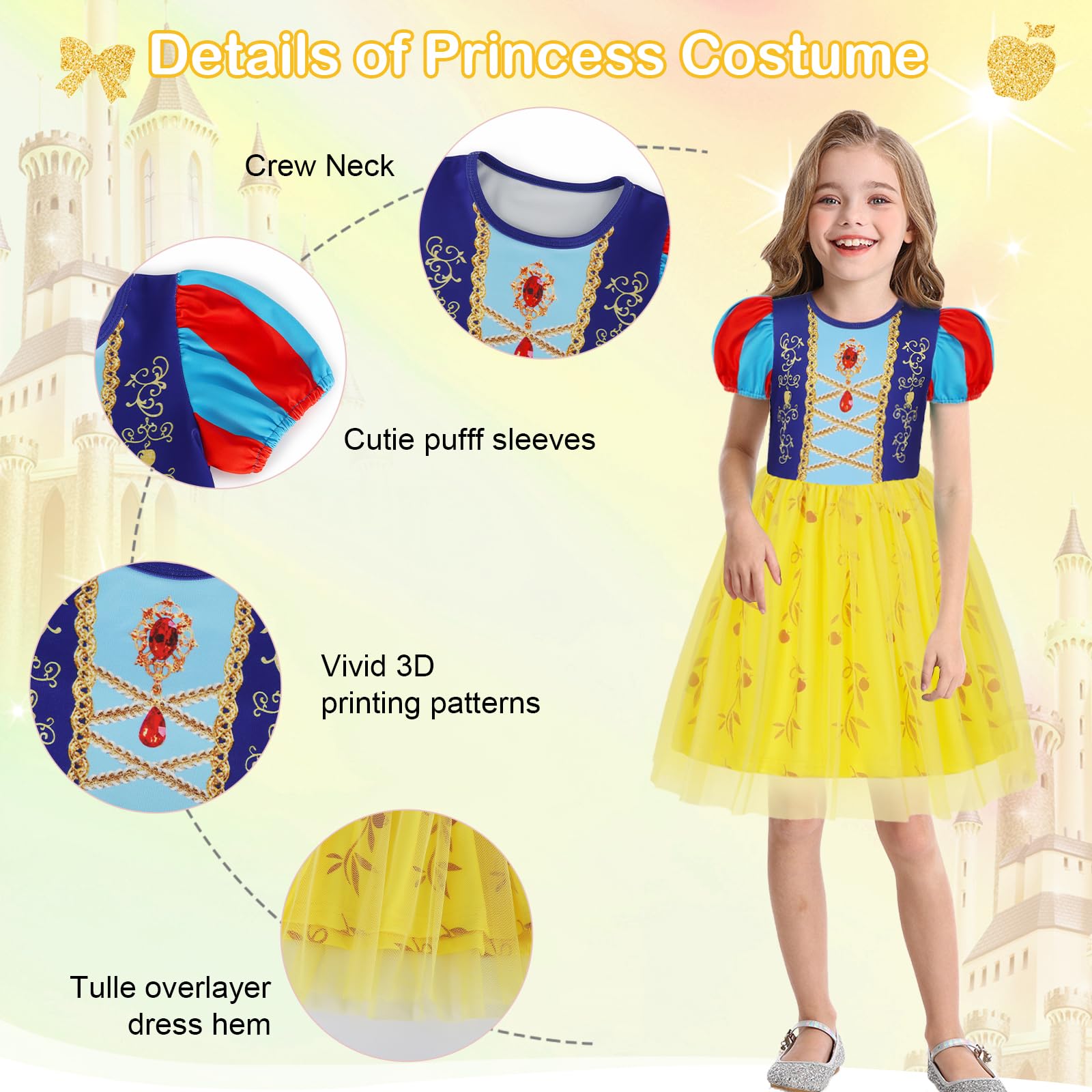 Berich Yellow Princess Dress with Headband Kids Halloween Dress up Christmas Gifts World Book Day Costume Princess Costumes for Girls 5-6 Years(Yellow,130) - Image 2