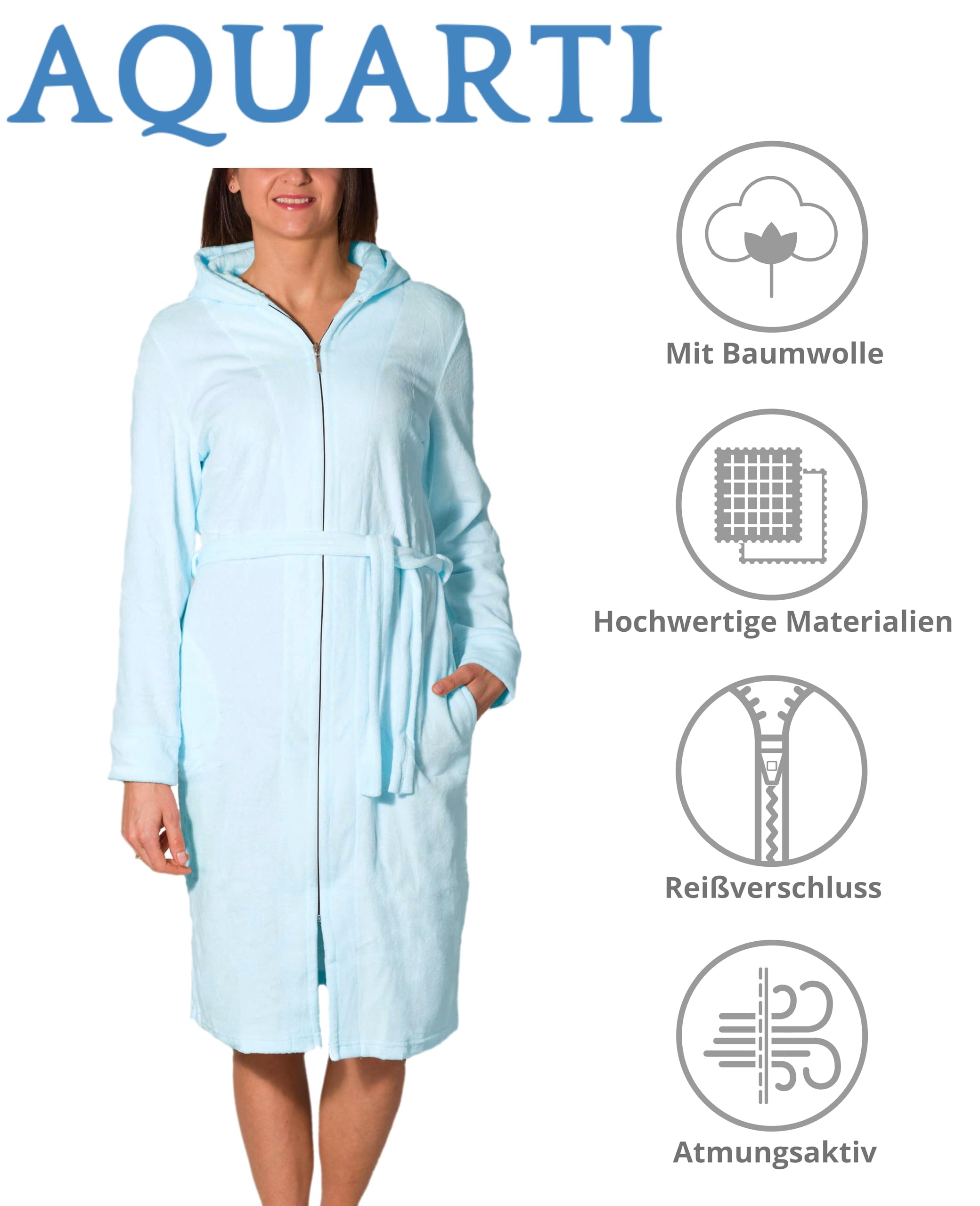 Aquarti Damen Bademantel Morgenmantel | mit Reißverschluss Lang