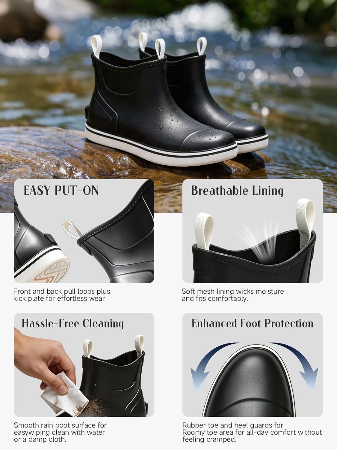 Men's Rain Boots, Waterproof Ankle Deck Boots Non-Slip Fishing Rain Boots