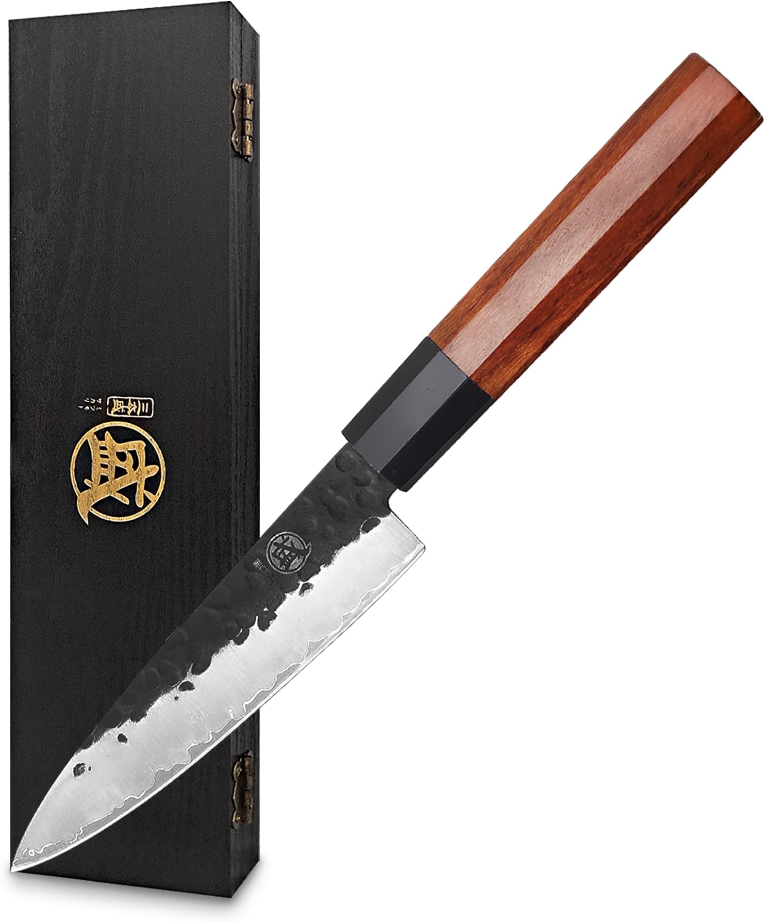 MITSUMOTO SAKARI 5.5 inch Japanese Paring Knife, Hand Forged 3-Layer 9Cr18MoV High Carbon Steel, Professional Small Kitchen Knife with Rosewood Handle & Sandalwood Box