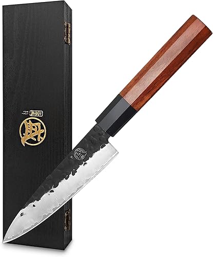 MITSUMOTO SAKARI Cuchillo de cocina de 5.5 pulgadas  Cuchillos japoneses forjados a mano para frutas y verduras, 3 capas de acero de alto carbono,