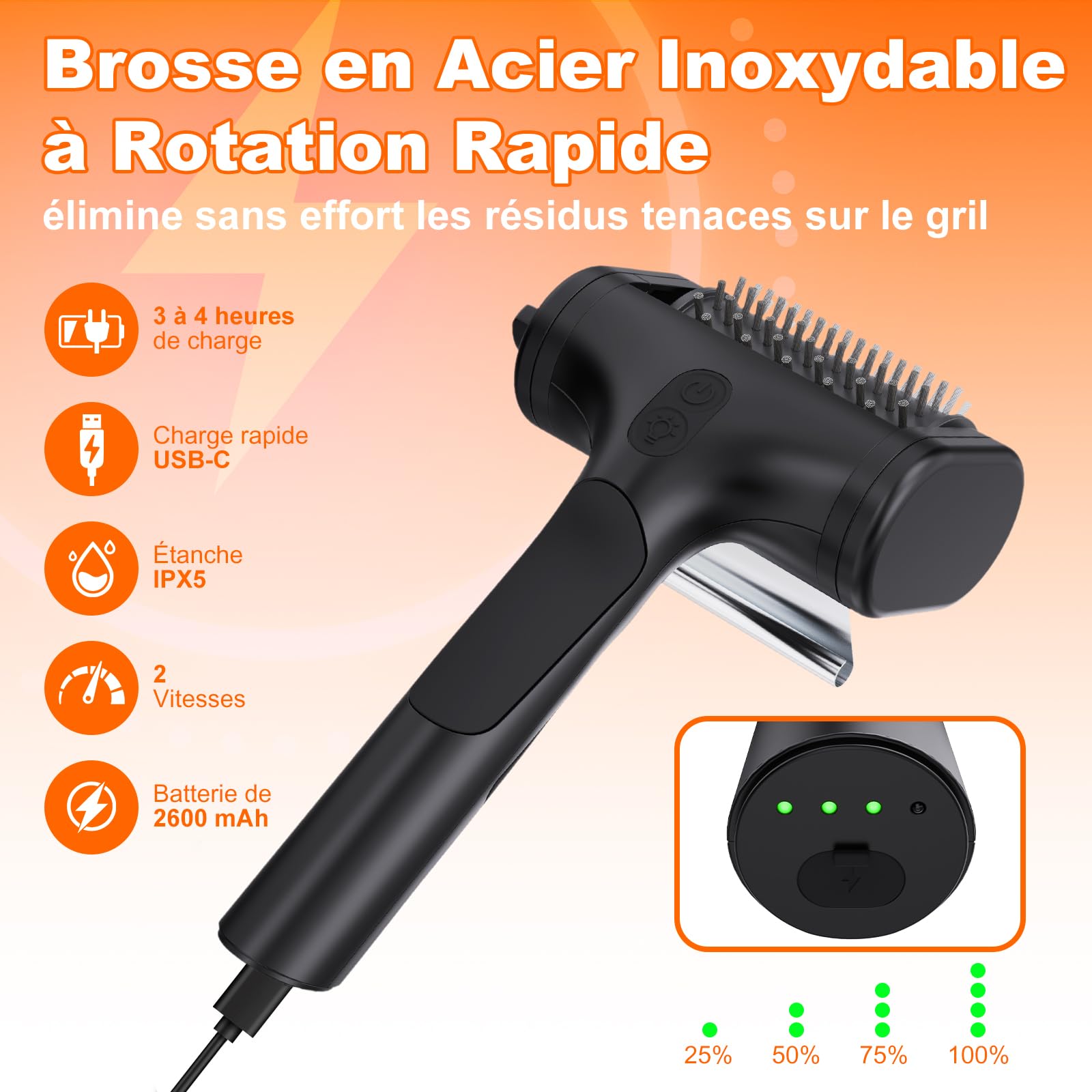 Brosse éLectrique pour Barbecue, Deux Vitesses (590RPM, 1000RPM), Deux TêTes de Brosse Incluses, éClairage LED, Brosse éLectrique Rechargeable AdaptéE à Tous Les Types de Barbecues Noire