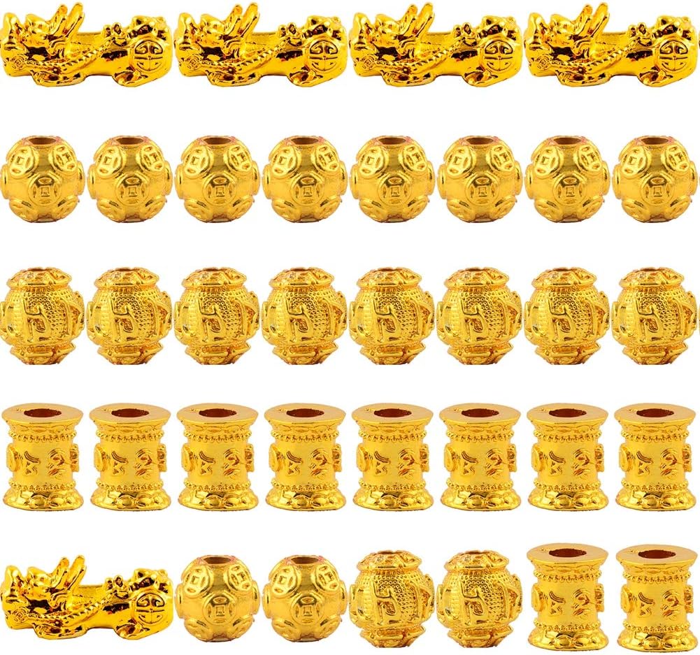Pixiu Charms Gold Plated 35pcs 10mm mix Pixiu Spacer Ball Beads Hand craved For Pixiu Bracelet Chinese Feng Shui Pi Yao Pixie Good Luck Wealth Money Amulet for Necklace Jewelry Making (Gold, 10MM)