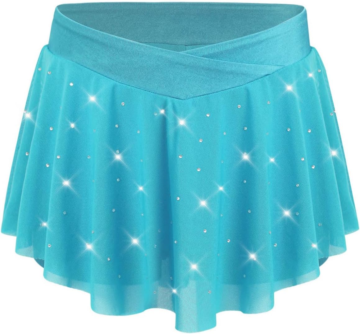 Hansber Kids Girls Rhinestone Dance Skirt V-Front Elastic Waist Skirt with Built-in Shorts for Performance