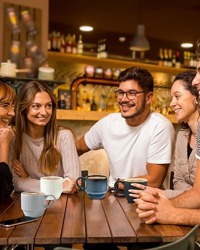 Vista 116 de Hasense Juego de 4 tazas de café de cerámica con soporte, 15 onzas, apilables, grandes, de porcelana, acanaladas, para capuchino, té, cacao