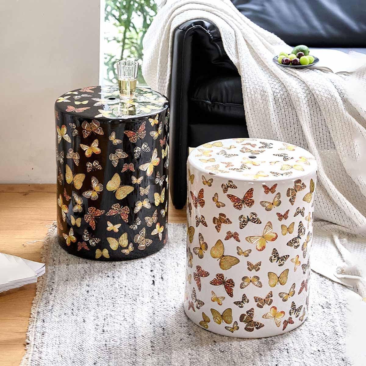 Chinoiserie Garden Stool, Ceramic Stool, Decorative Drum Stool with Flowers & Butterflies, Glazed Ceramic Decorative Stool for Patio and Living Room Garden Stools(H)