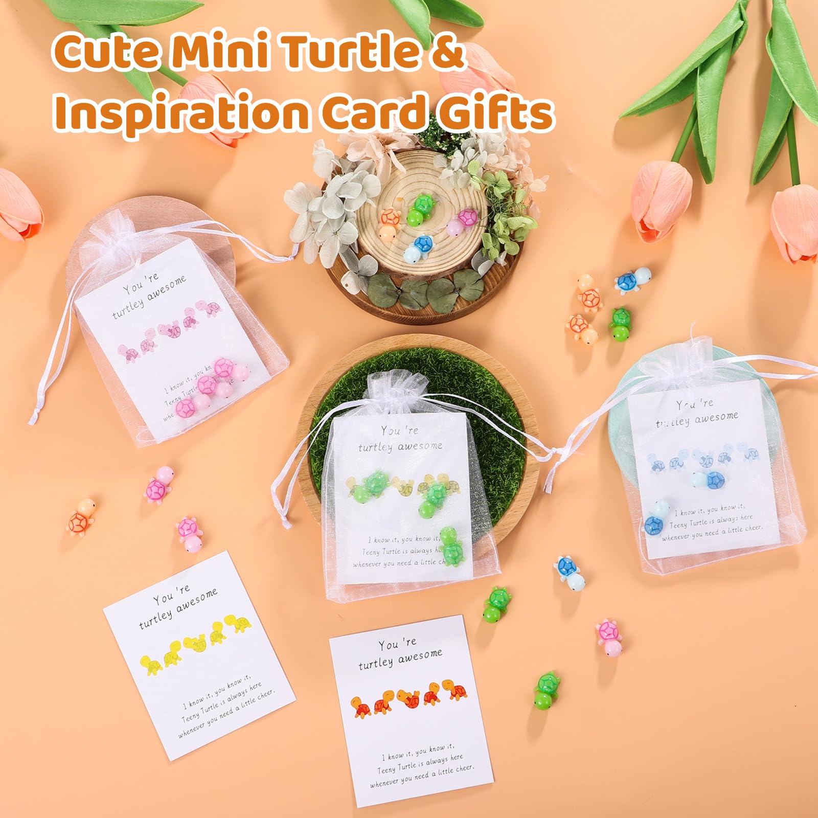 YOFAPA 100 Sets Inspirational Turtle Gifts, 100 Thank You Note Cards Greeting Cards, 100 Mini Sea Turtle Figures, 100 Organza Bags for Appreciation Pocket Favors - Image 2