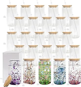 CHLJAR 16oz SnowGlobe Cups, 25pack Sublimation Snowglobe Cup with Bamboo Lids and Straws, Double Walled Glass Mug Bulk, Pre Drilled Glass Blank for Snow Globe Glitter, Individual Packaging