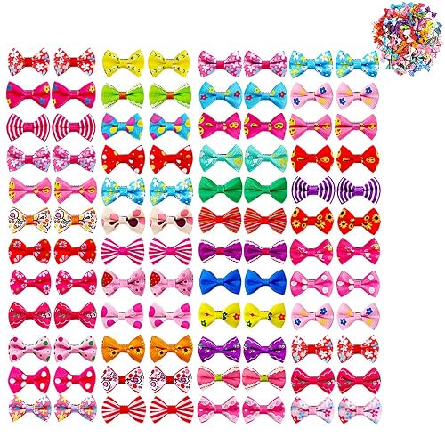 NYGHMY 60 Pcs Cute Dog Hair Bows with Metal Clips - Assorted Styles for Small Dogs & Puppies, Handmade Pet Grooming Hair Accessories, Perfect for Puppy Grooming Gifts & Everyday Use (Random Patterns)