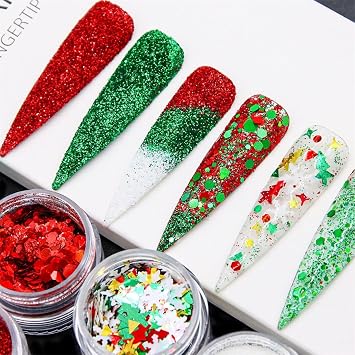 Holographic Nail Art Kits 6 Boxes 3D Glitter Metallic Shining Flakes Acrylic Powder Dust Sequins Decoration Holographic Manicure Tips Christmas Theme