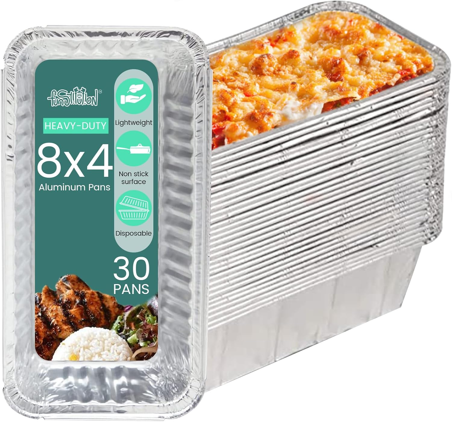 FUNSTITUTION Aluminum Foil Pans 8x4 Inches (30 Pack) Tin Foil Pans
