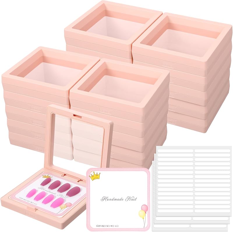 zisiueel Kit com 30 Caixas para Unhas Postiças, 30 Cartões de Exibição e 90 Fitas Adesivas Dupla Face, Rosa