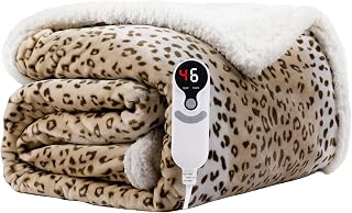 Electric Heated Blanket,Flannel and Sherpa,Twin 62x84in,Beige Leopard Print