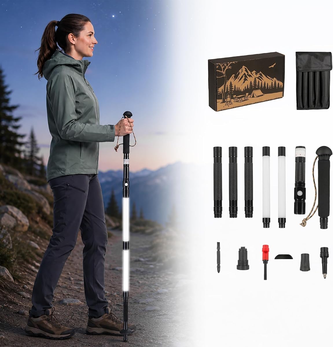 LED Smart Lighting Trekking Pole, Tactical Survival Hiking Stick, Height Adjustable (fits 4'3" to 6'3"), Equipped with Multi-Functional Tools, Ideal for Camping, Backpacking and Night Hiking.