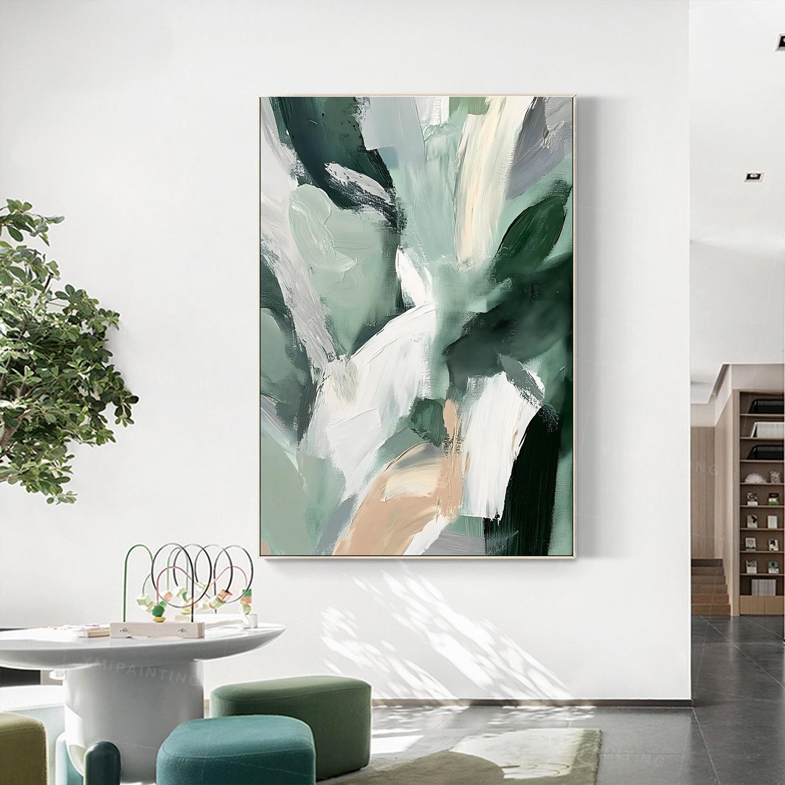Amazon.co.jp: グリーンホワイト抽象ウォールアート グリーン抽象画