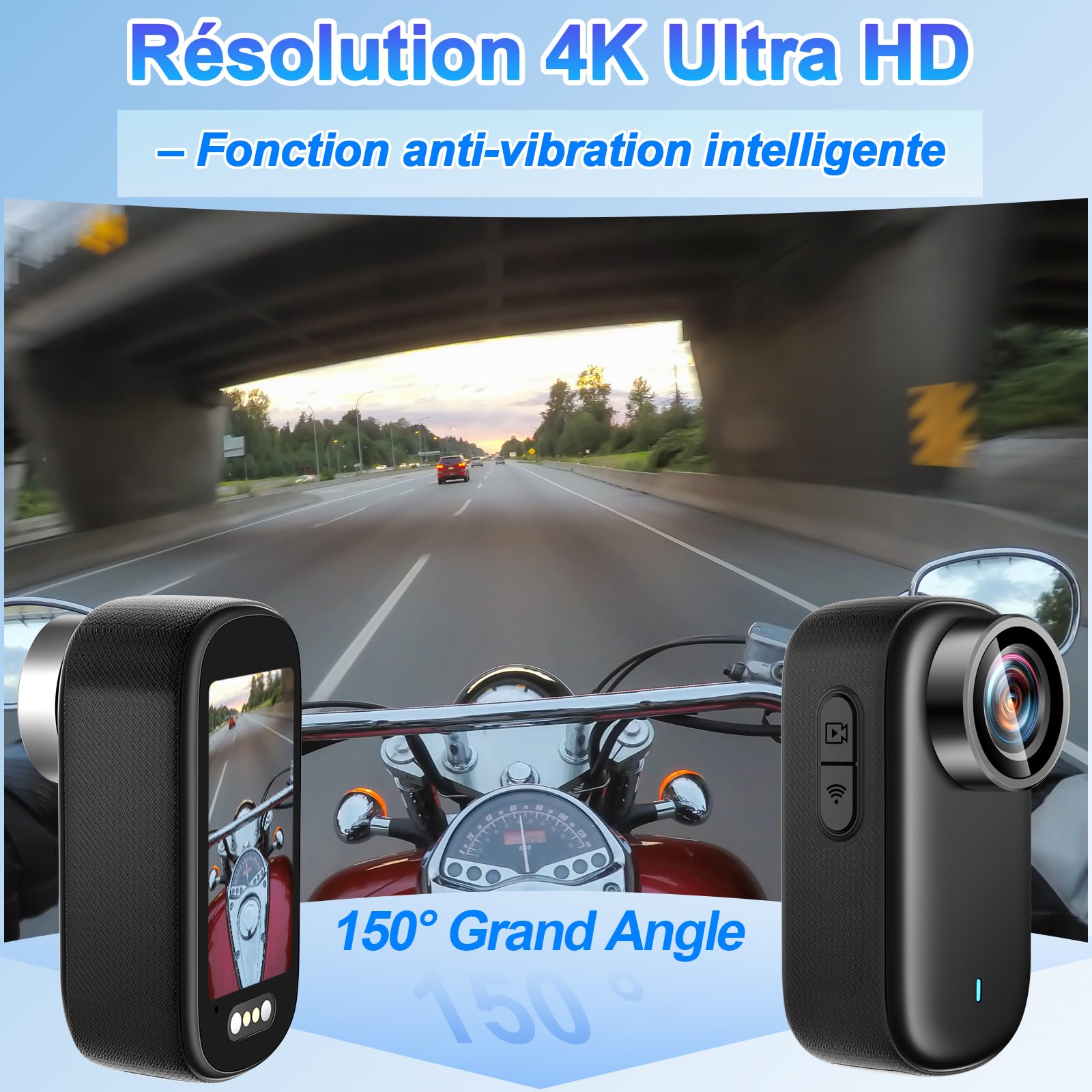 Camera Moto 360 4K WiFi 150° IP65, avec 64GB & écran