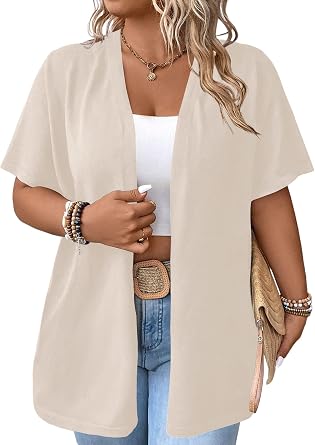 Yesfashion Women's Plus Size Open Front Cardigan Sweater Lightweight Causl Half Sleeve Solid Cropped Knit Sweater 1X-5X