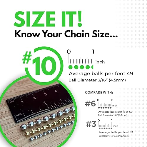 Miniatura 10 de Cadena de bolas de 10 pies de longitud, tamaño de cuenta número 10 fabricada en Estados Unidos (acero inoxidable)