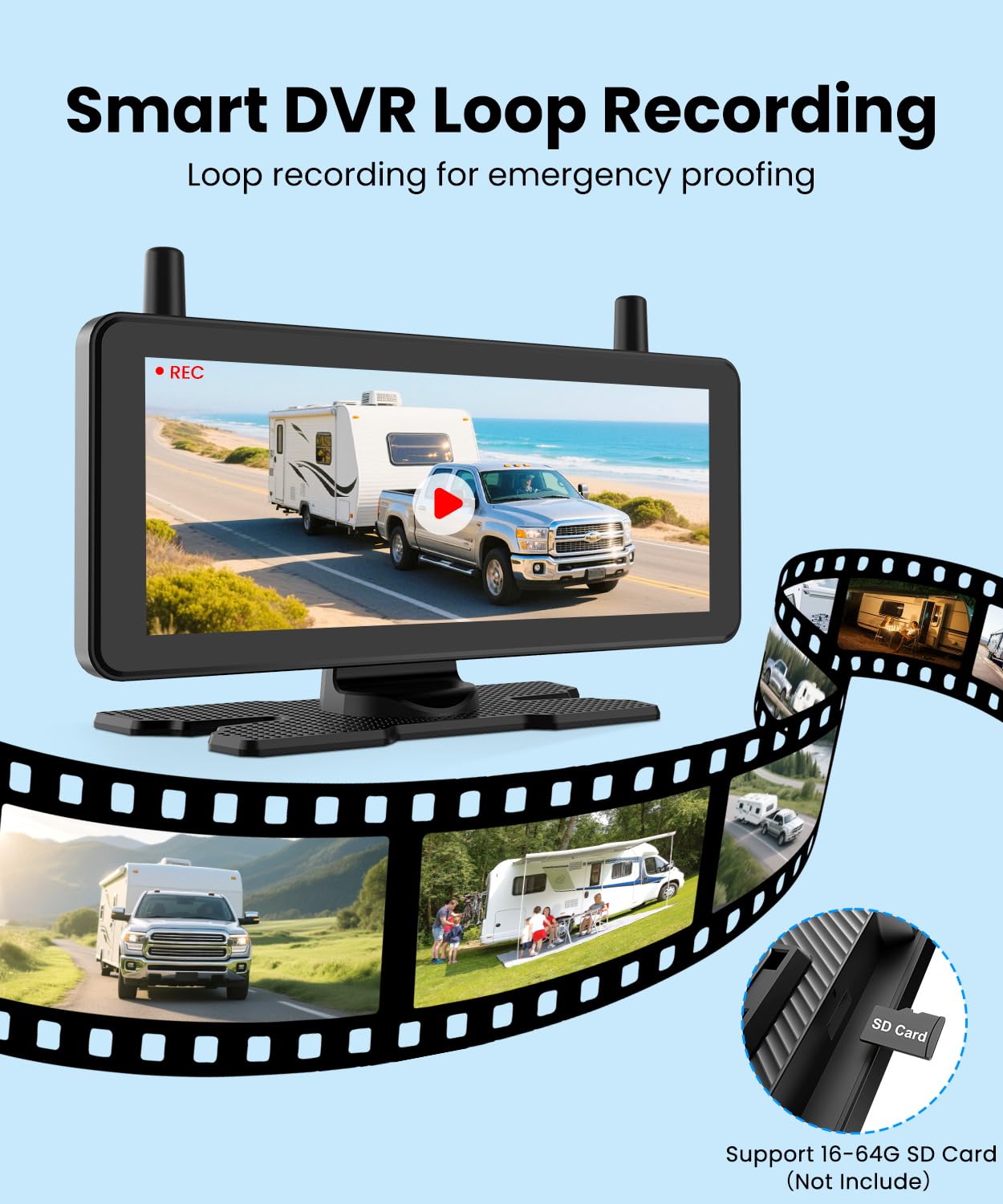 AUTO-VOX Solar Rückfahrkamera Kabellos 1080P HD Zwei-Kanal-Monitor IP69K Wasserdicht 7,2 Zoll für Wohnmobil Camper LKW Anhänger