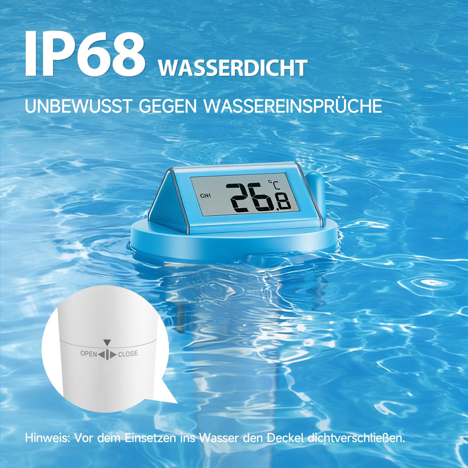 Warmfay Termometro digitale per piscina, funzionamento a energia solare e batteria, IP68, impermeabile con ricevitore fino a 70 m, termometro radio per piscina, vasca da bagno, stagno spa