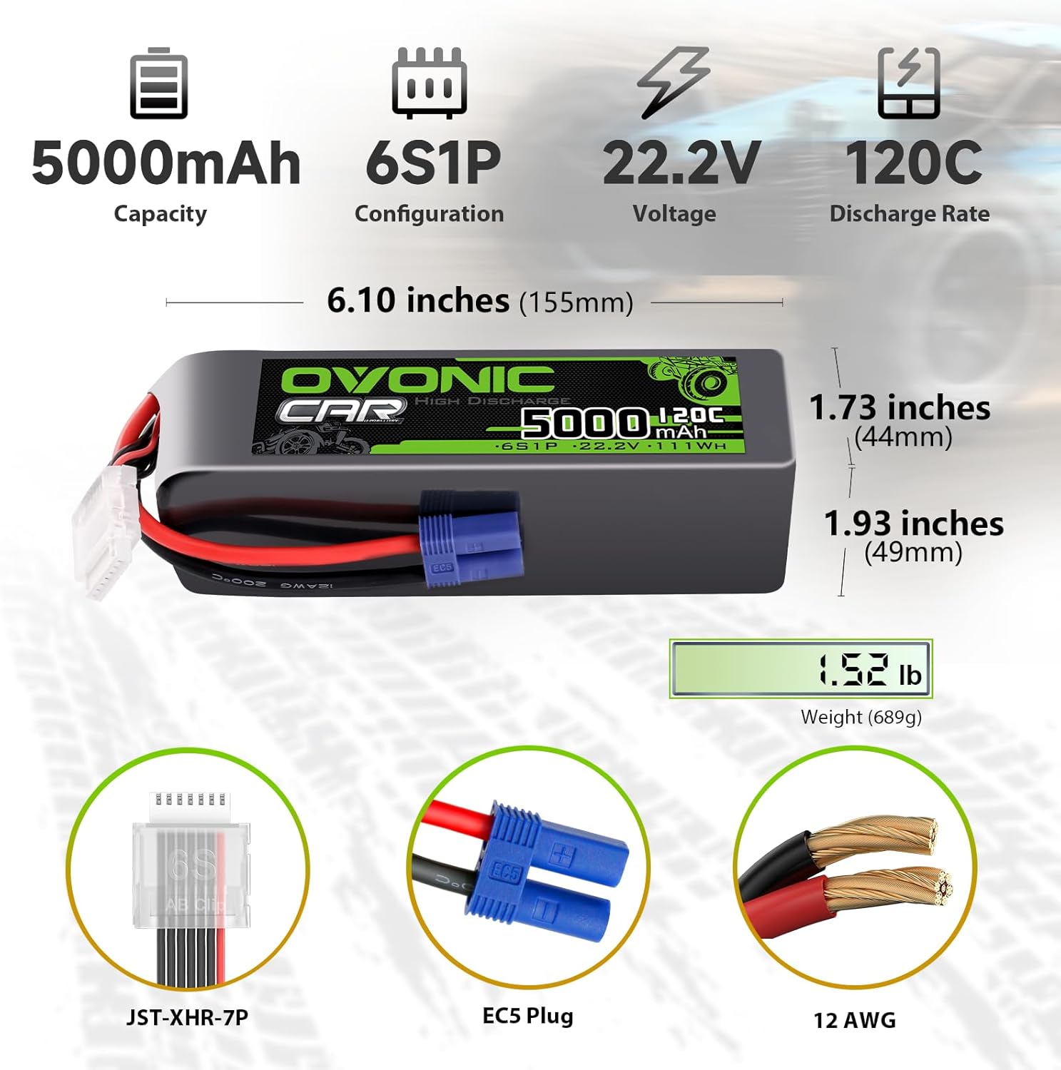 Diagram showing the dimensions and components of the OVONIC 6S LiPo battery, including capacity, configuration, voltage, discharge rate, physical dimensions, weight, JST-XHR-7P balance plug, EC5 main plug, and 12 AWG wires.