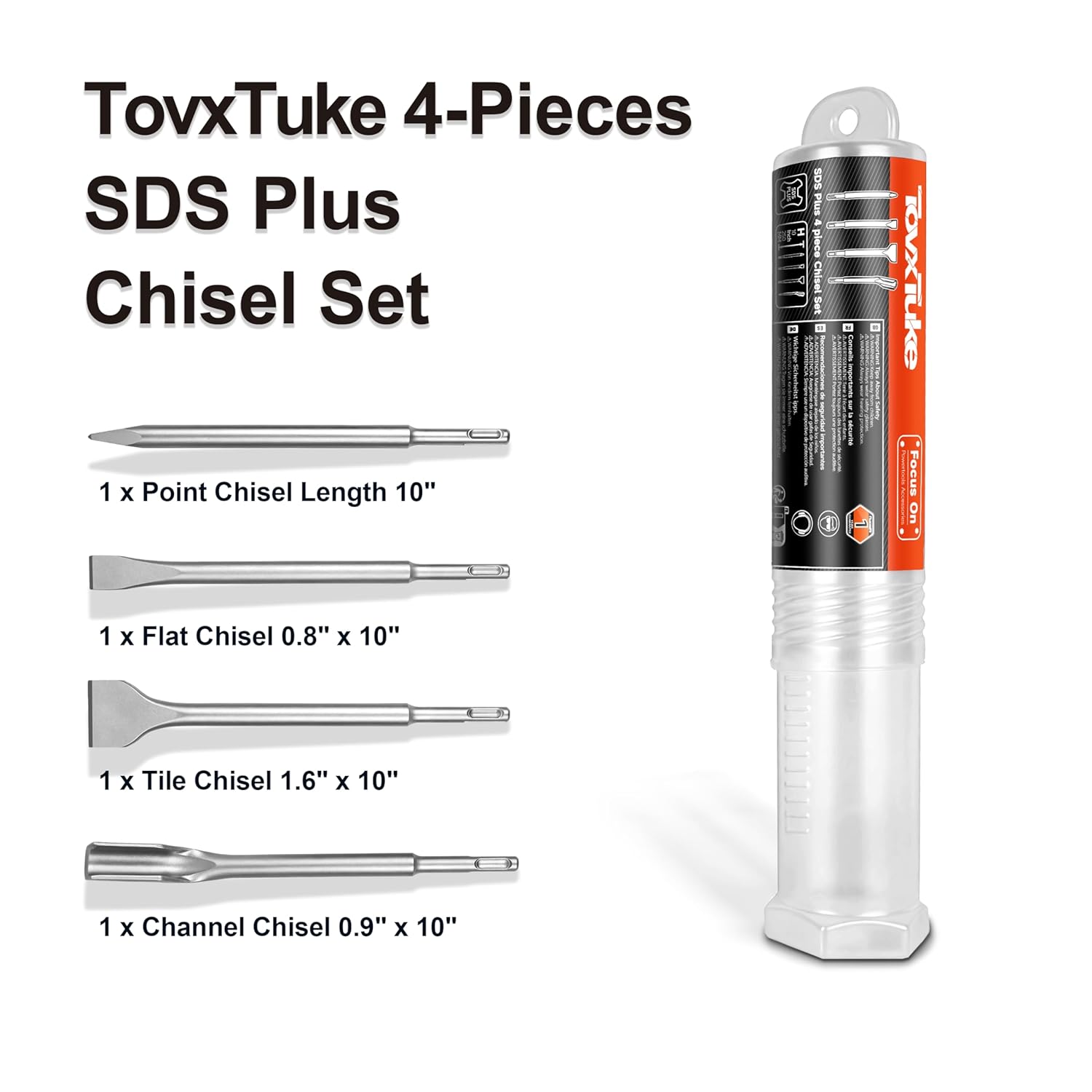 TovxTuke SDS Plus Chisel Set, 4 Piece Steel Tool Set for Tile, Flat, Pointed and Channal Chisel, Suitable for Masonry, Bricks, Walls, Granite, Concrete