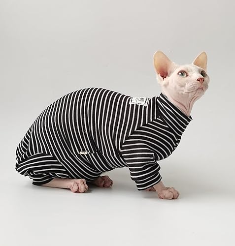 Miniatura 3 de Ropa de gato sin pelo, overol para gato con pijama de 4 patas, ropa de esfinge, ropa para gatos para mascotas, ropa de gato a rayas con sombrero y