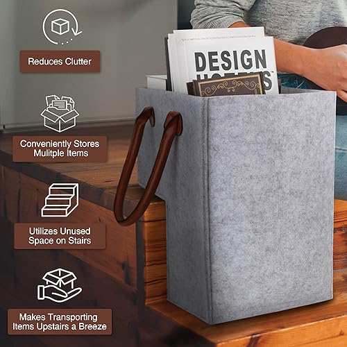 Vista 4 de SAM AND MABEL Cesta de escalera con hermosas asas de cuero sintético, cestas de escalera de fieltro duraderas para escaleras de moqueta y madera
