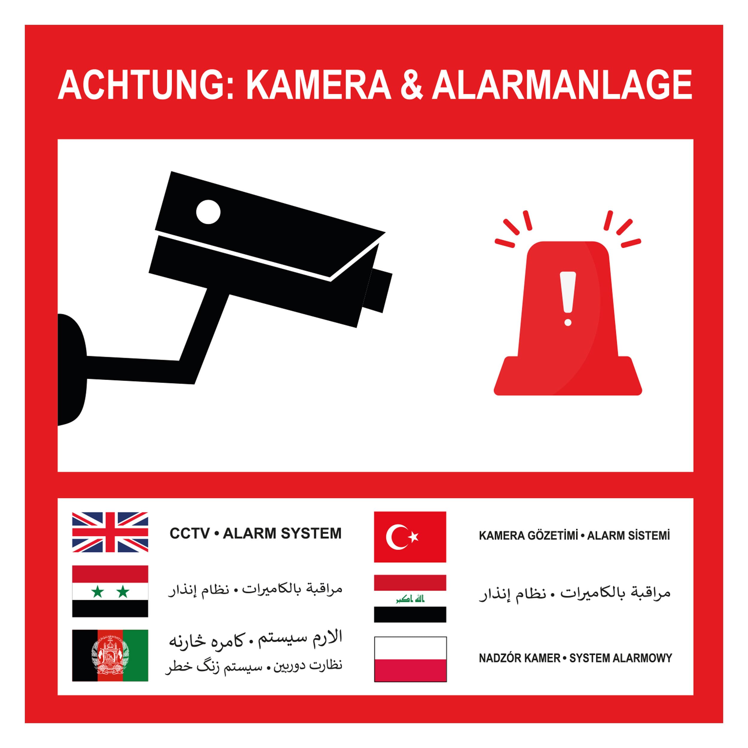 8 x Video Surveillance Stickers Multilingual (9.8 x 9.8 cm) - Afghan (Pashto  Dari) Arabic Spoken in Syria and Iraq Polish, Turkish and English Caution  Alarm System : Amazon.com.au: Automotive