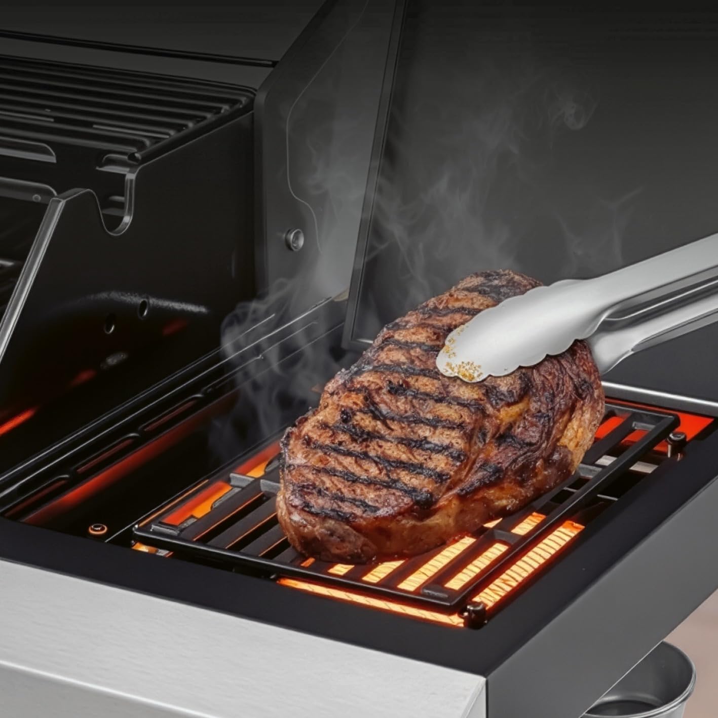 LANDMANN Barbacoa de gas 6.1 con 6 quemadores, zona MaxX, gran superficie de parrilla y rejillas de hierro fundido, potente parrilla para jardín y exterior, con reguladores LED y mesa lateral para una