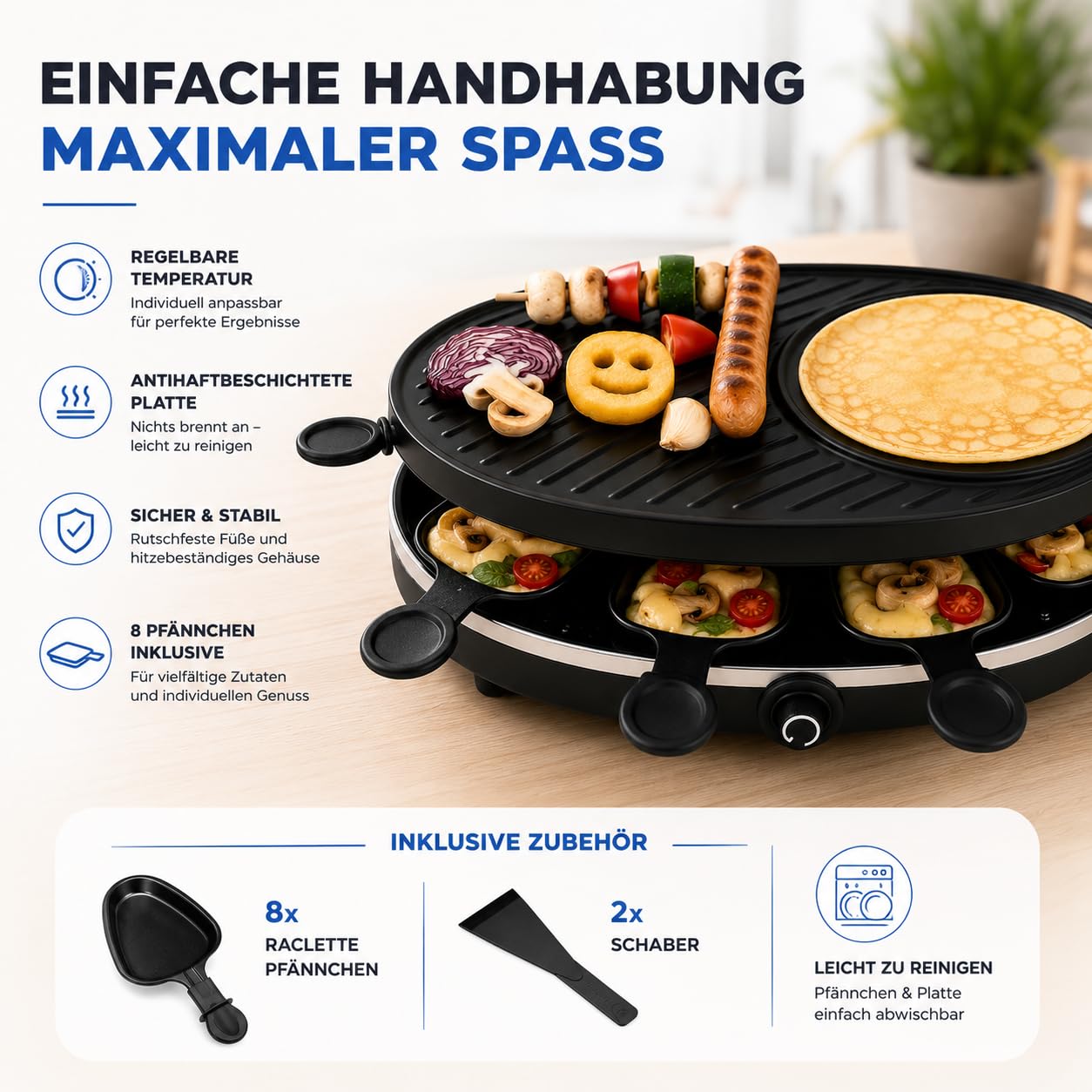 Set de raclette pour 8 personnes - Gril ovale - Avec fonction crêpes - Barbecue de table avec poêlons et grattoirs - ROND (TK49304)