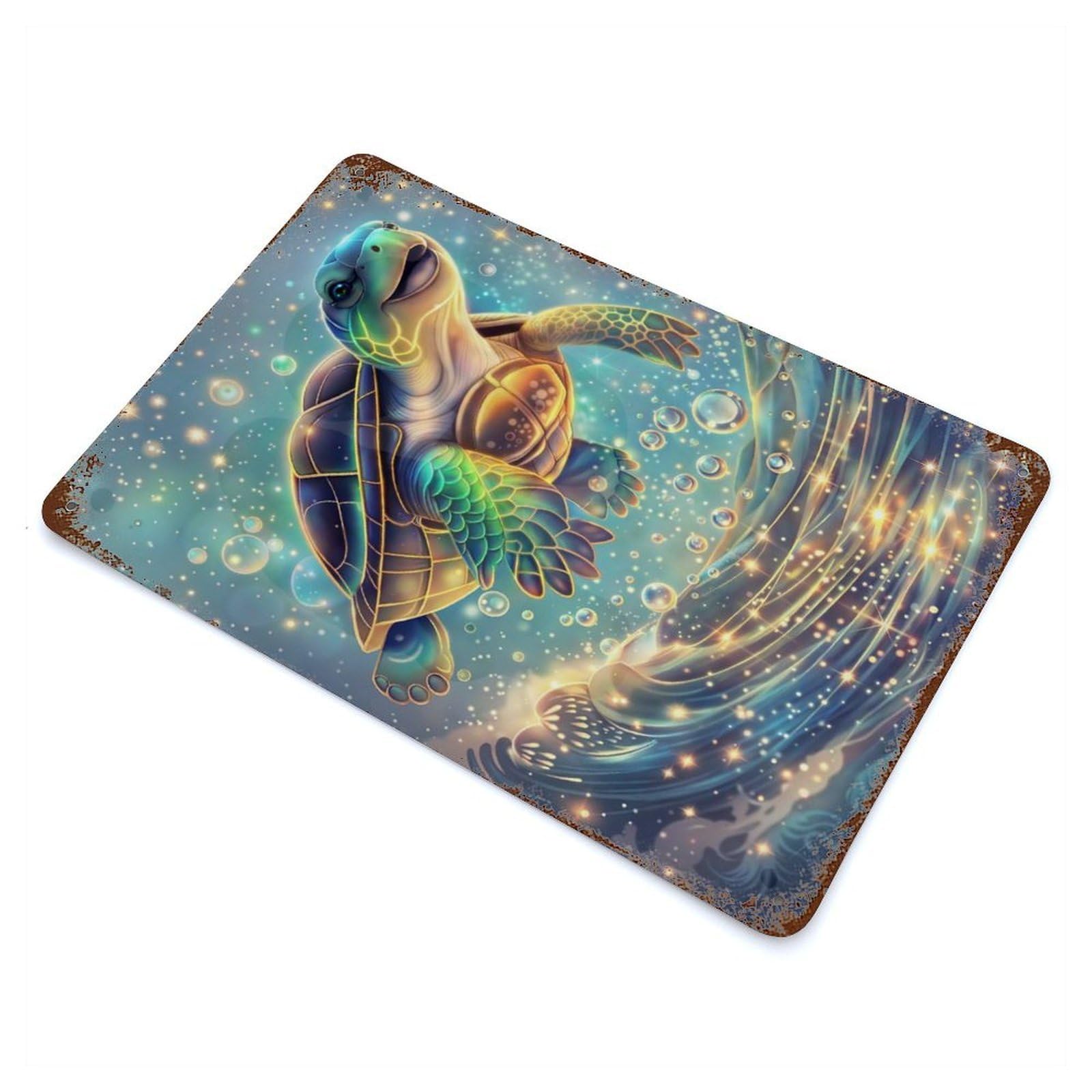 Sea Turtle in Starry Ocean Aged Metal Wall Plaque 11.8"x7.9", Industrial Home Decor for Pub, Kitchen And Man Cave Decor