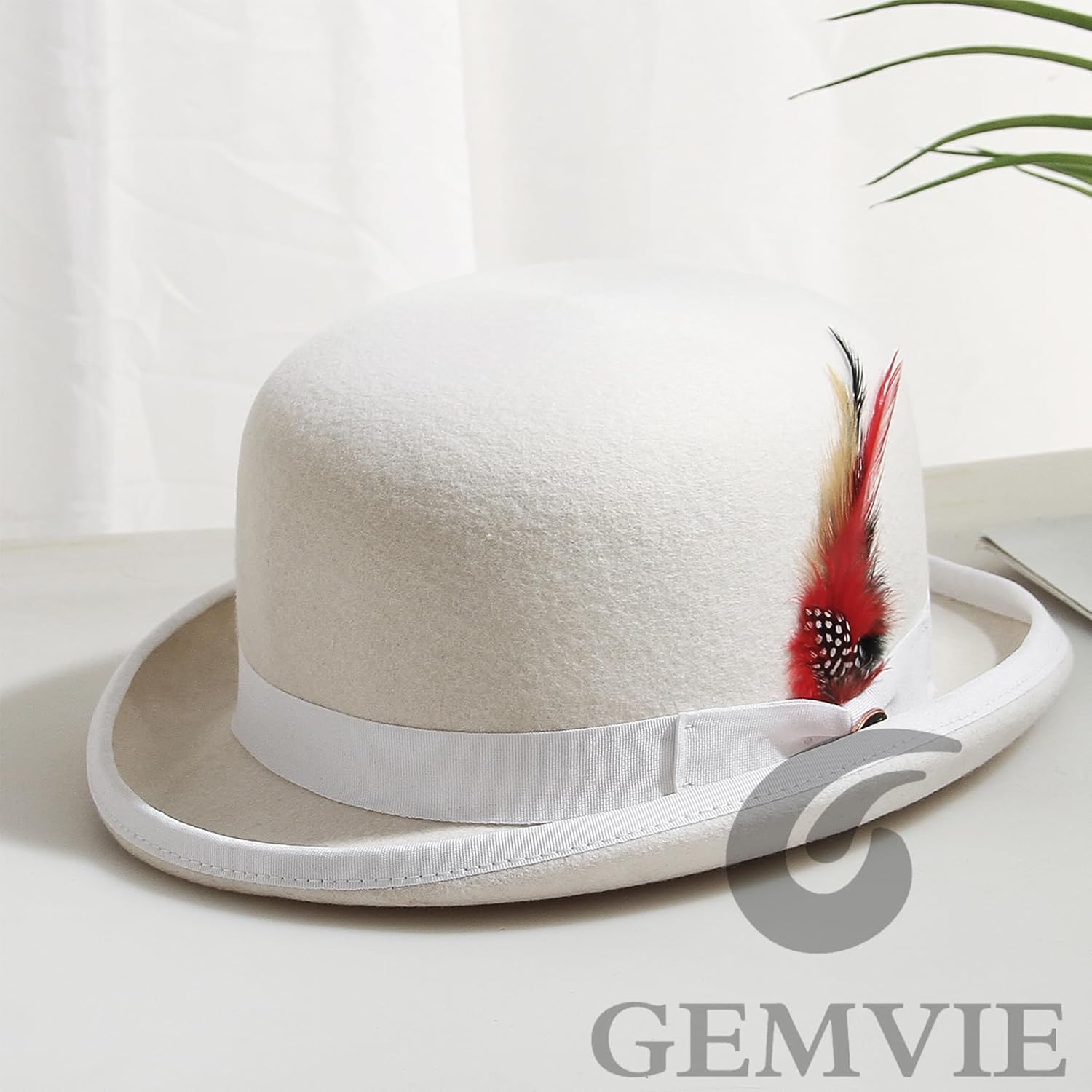 GEMVIE Men's Bowler Derby Hat 100% Wool Bowler Hats for Men with Feather Black Derby Hat Satin Lined