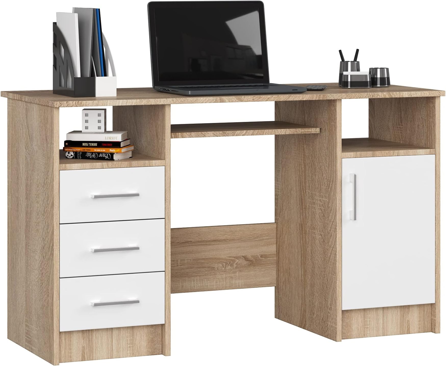 Bureau En Pin Massif Avec Rangements - Tiroirs, Casiers, Support Clavier, Finition Blanc Lasuré