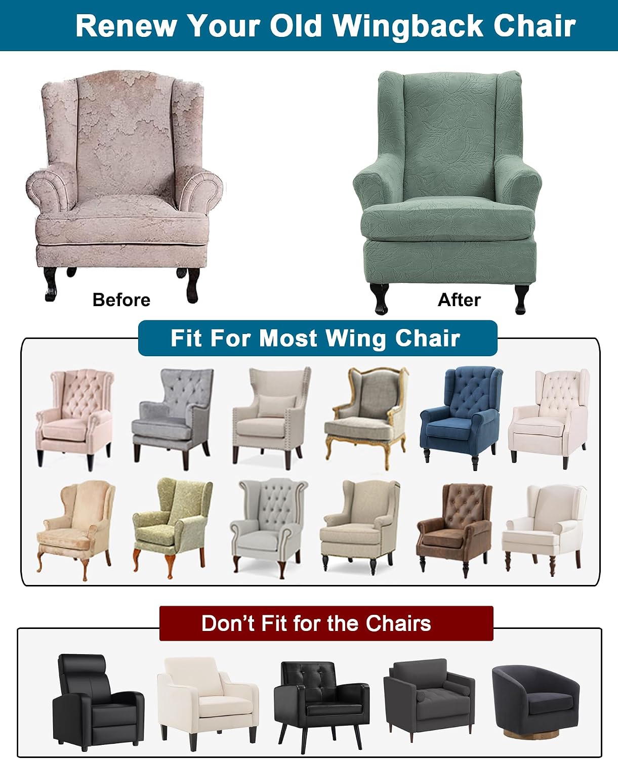 CRFATOP Wingback Chair Covers 2 Pieces Stretch Jacquard Wing Back Chair Cover Sofa Slipcover Washable Wingback Armchair Slipcovers Furniture Protector with Elastic Bottom for Wingback Chairs,B28