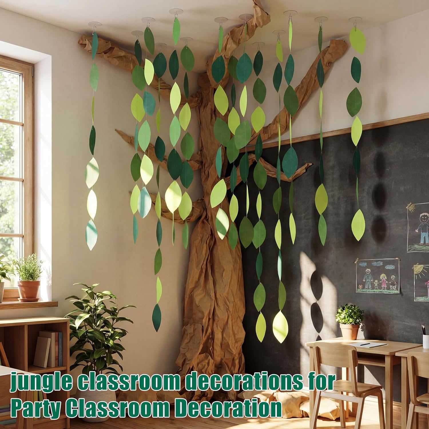 Suncalla Classroom Tree Bulletin Board Set DIY 3D Willow with Felt Leaves Kraft Craft Classroom Bulletin Board Wall Decor with Ceiling Mounted Traceless Hooks for Jungle Safari Theme Party Supplies