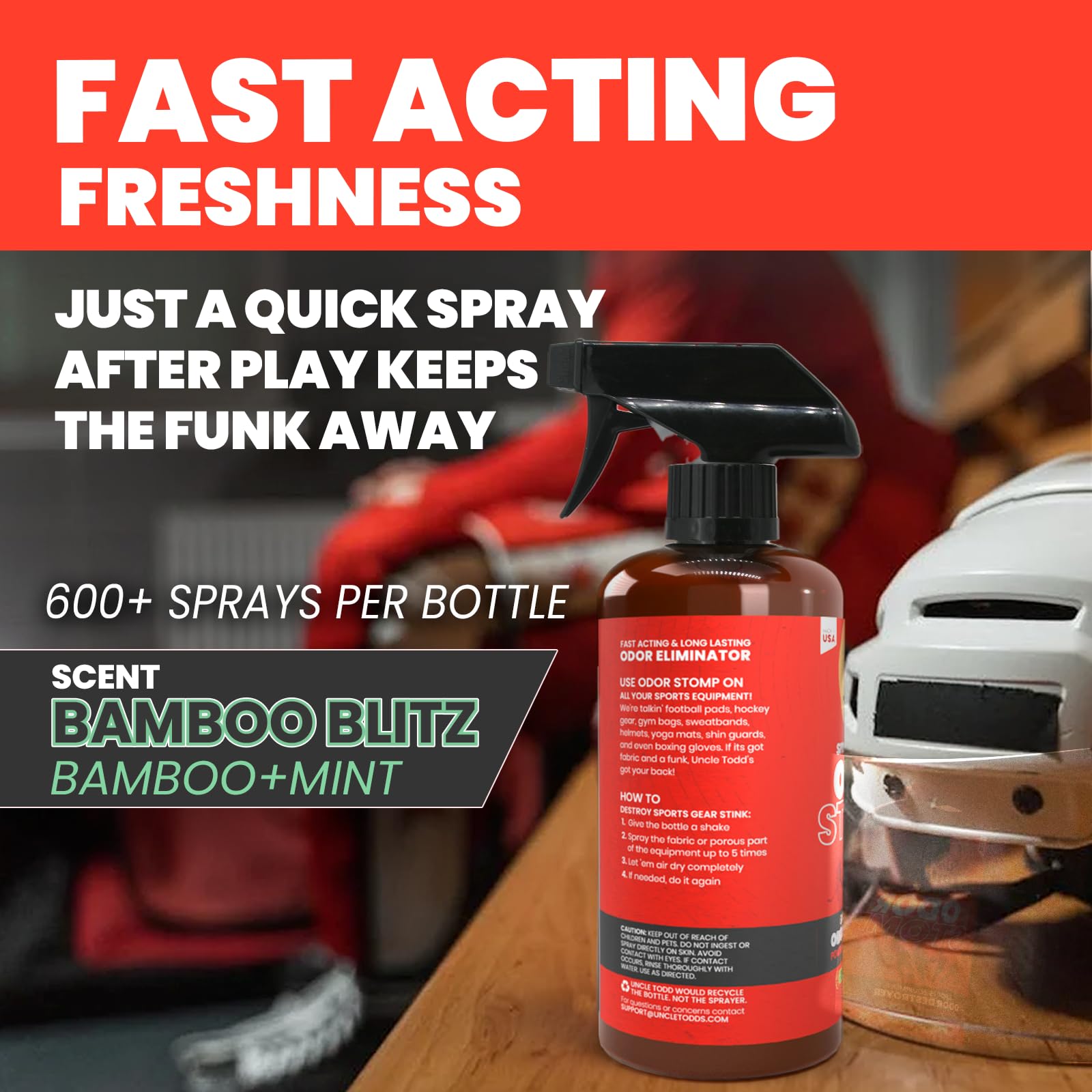 Uncle Todd's Fresh Gear - Espray eliminador de olores para equipos deportivos, desodorante extra fuerte alimentado por enzimas para fútbol, hockey, bolsas de gimnasio y equipo atlético, aroma Bamboo