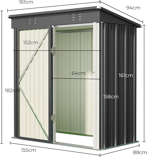 Blishom Gerätehaus Metall 161×94×182 cm, Gartenschuppen mit Schrägdach, Wetterfest & Rostfrei, Gartenhaus mit Belüftung & Regalböden, für Garten, Terrasse & Rasen, Grau - 2