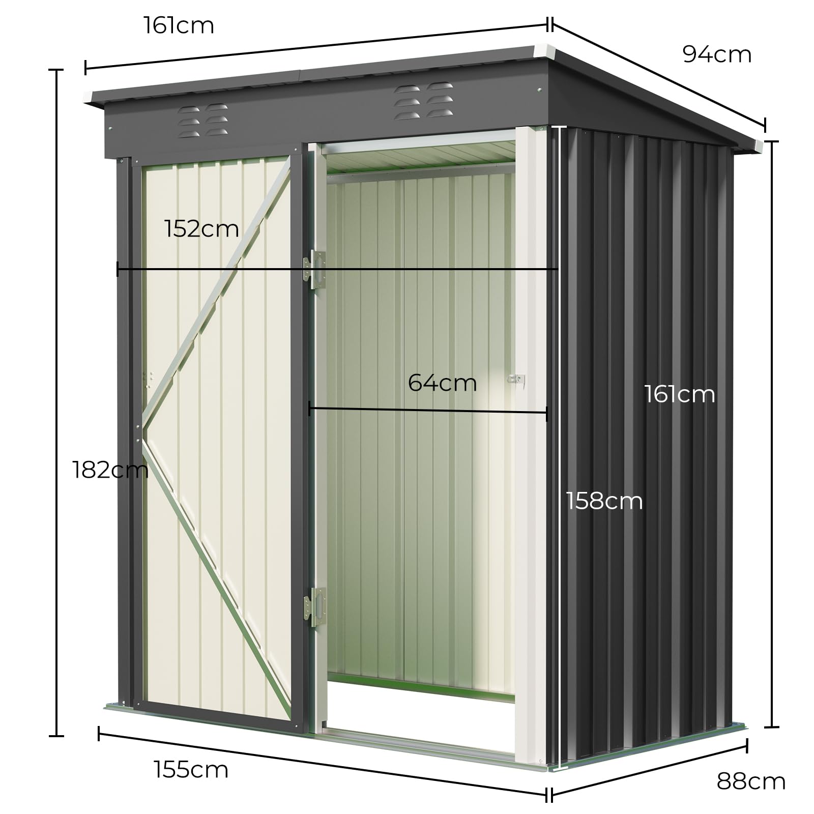 Gerätehaus Metall 161×94×182 cm, Gartenschuppen mit Schrägdach, Wetterfest & Rostfrei, Gartenhaus mit Belüftung & Regalböden, für Garten, Terrasse & Rasen (Grau)
