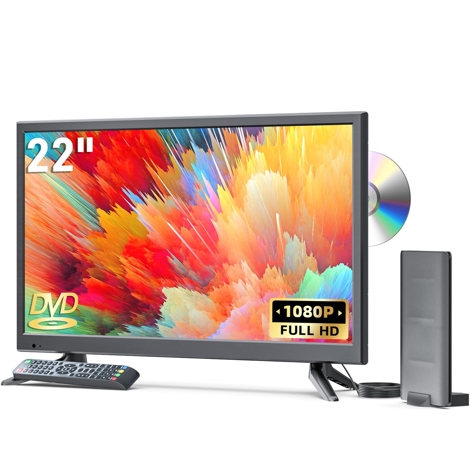 Erasiny 22 Inch TV with DVD Player Built-in, 1080P Full HD Small Flat Screen TV with DVD, HDMI, USB, AV Inputs, 12 Volt TV DVD Combo for RV
