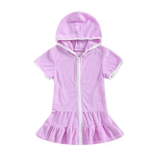 Toddler Kids Baby Girl Swimwear Zip Up Hooded Cover Up Short Sleeve Summer Beach Bathing Suit Robe 2-10 Years (Purple, 3-4 Years)