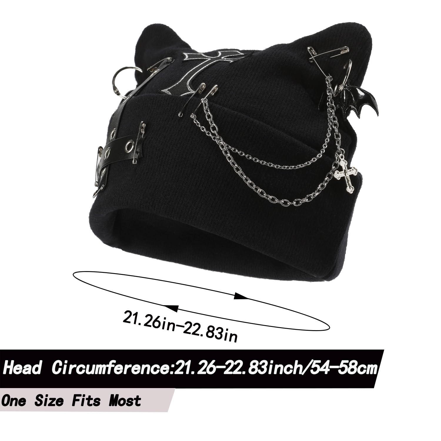 THESSNCE Goth Cat Beanie Goth Hat Accessories Punk Cat Ear Beanie Hat for Women Y2k Grunge Gothic Beanies Knitted Hat Streetwear Black
