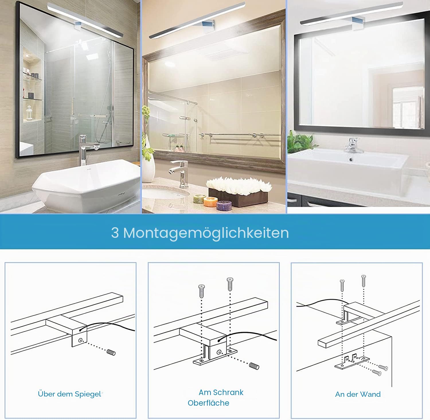 80cm LED Spiegelleuchte Vollaluminium 3in1,Bad Spiegel Beleuchtung Lampe 15W 1100lm 3000K Badlampe Spiegellampe IP44 wasserdicht LED Make-up Light, Spiegel und Bad¡­