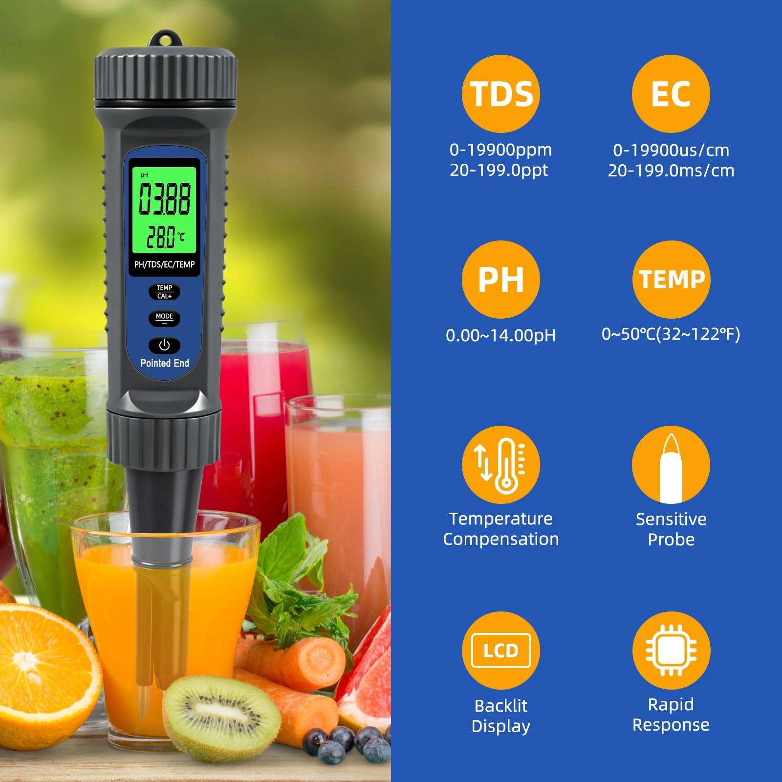 Miernik temperatury PH EC TDS 4 w 1 do wody i żywności Dokładny Tester LCD ATC Wymienna elektroda jakości