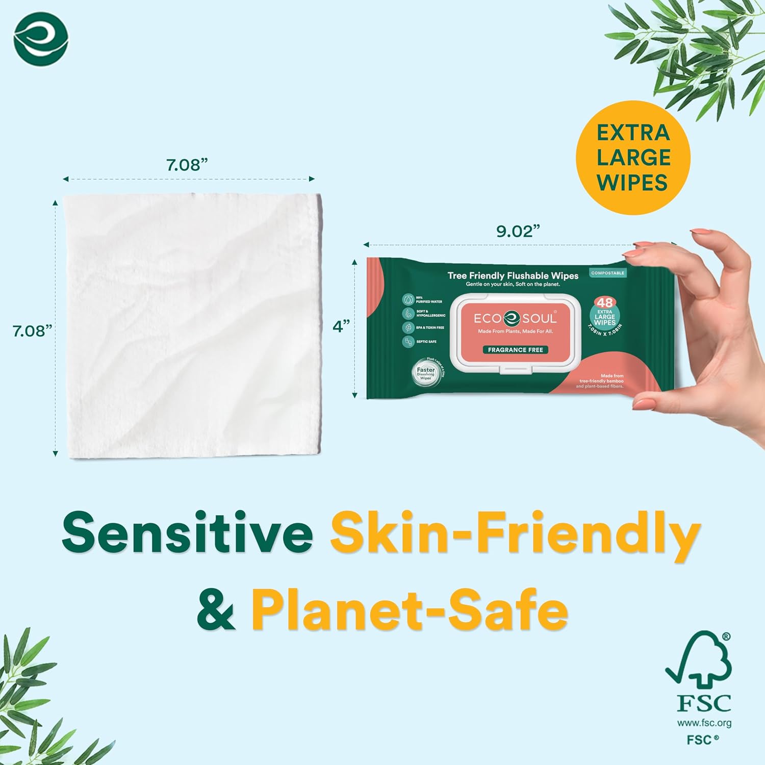 ECO SOUL Bamboo Flushable Wipes, (8 Pack, 48 Wipes Each, Unscented) image 5
