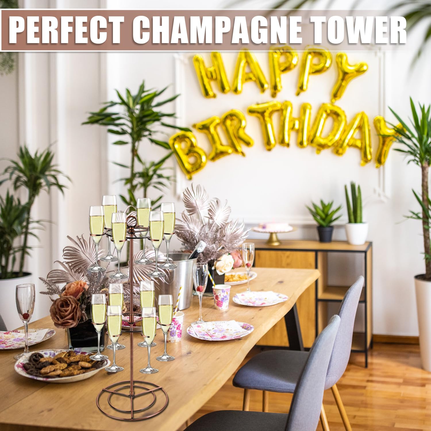NQEUEPN Torre Dello Champagne, 2 Livelli 12 Supporti Supporto per Albero da Cocktail Metallo Ripiani per Bicchieri da Vino Scaffale per Bevande Cocktail Martini Margarita Feste al Bar Espositore